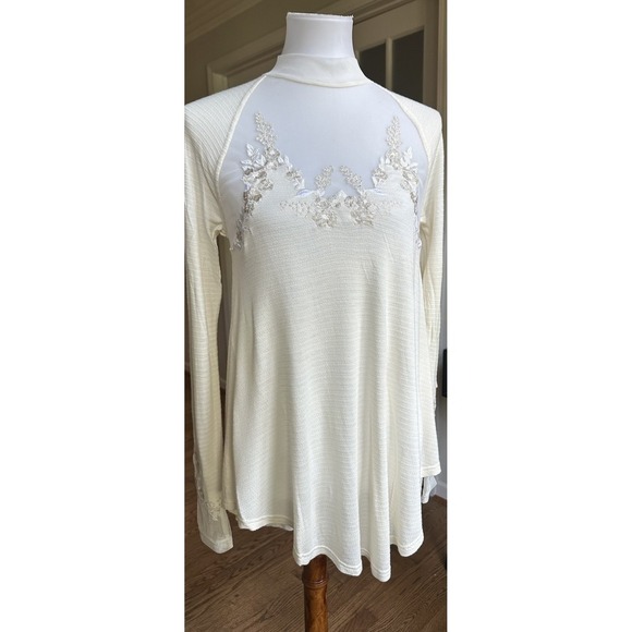 Free People Ivory Ecru Lace Mesh Floral Long Sleeve Tunic Top Blouse Sz Xs Boho - Picture 3 of 11